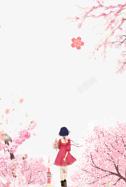 樱花主题浪漫樱花与女孩主题边框高清图片