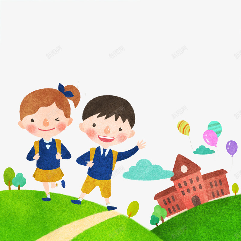 上学的孩子png免抠素材_新图网 https://ixintu.com 卡通 可爱的 学校 小学生 帅气的 气球 草地