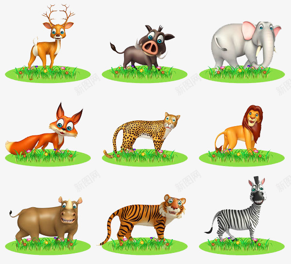 草地上的9种动物png免抠素材_新图网 https://ixintu.com 动物 动物园 动物王国 动物群 卡通 插画 森林物种 物种 群体 草地 野生
