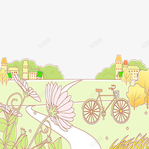 一辆自行车png免抠素材_新图网 https://ixintu.com 乡村剪影 卡通 房子 手绘 简笔 美丽的 花草