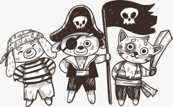 小猫小狗小熊玩偶三只可爱动物海盗矢量图高清图片