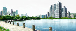 木桥湖畔美景园林城市景观高清图片