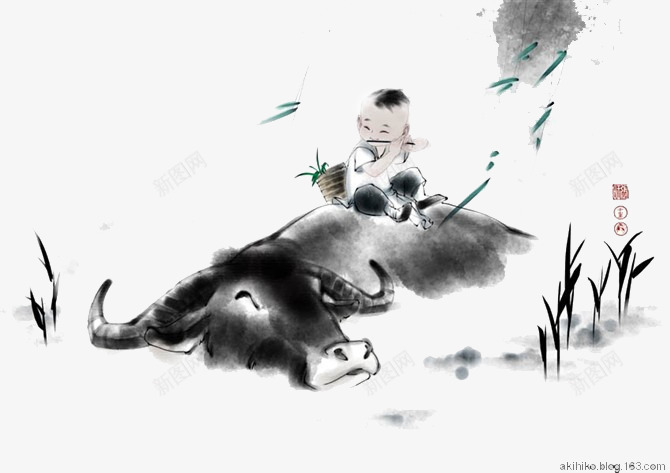 骑在水牛身上的孩子png免抠素材_新图网 https://ixintu.com 时光不老 水牛 池塘 笛子 自然