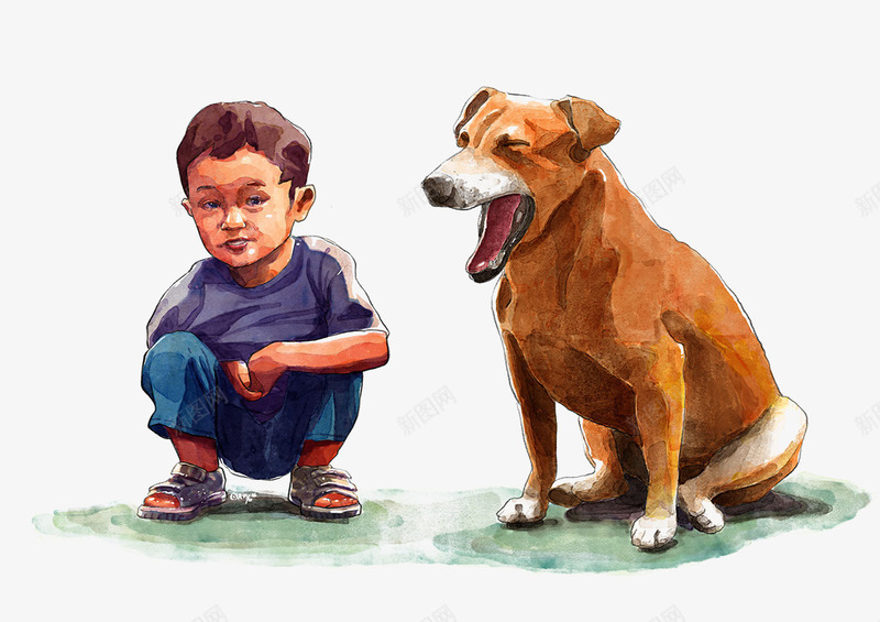卡通手绘蹲着的小男孩和大狗png免抠素材_新图网 https://ixintu.com 卡通手绘 大狗 蹲着的小男孩