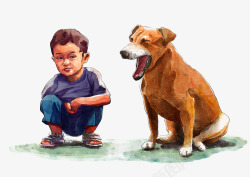 蹲着的小男孩卡通手绘蹲着的小男孩和大狗高清图片