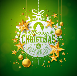 金色星星装饰绿色圣诞贺卡矢量图素材