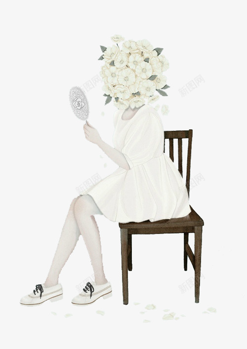 手绘少女png免抠素材_新图网 https://ixintu.com 坐着 恐怖 椅子 白裙子 花朵 貌美如花 连衣裙 镜子