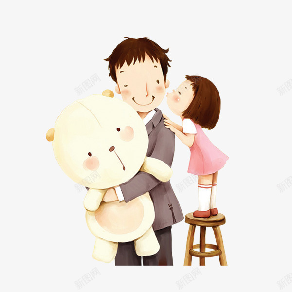 在凳子上亲吻爸爸的小女孩png免抠素材_新图网 https://ixintu.com 亲吻 卡通人物 卡通爸爸 女儿 小熊 手绘人物 父亲节