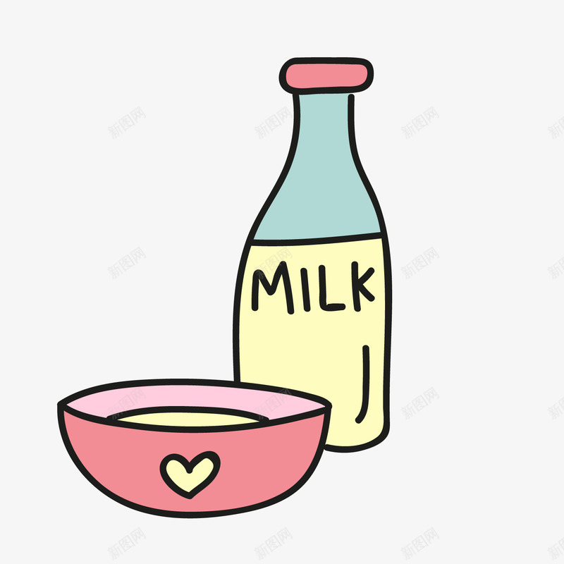 卡通牛奶瓶子与小碗png免抠素材_新图网 https://ixintu.com 卡通食物 牛奶 粉色小碗 背景装饰