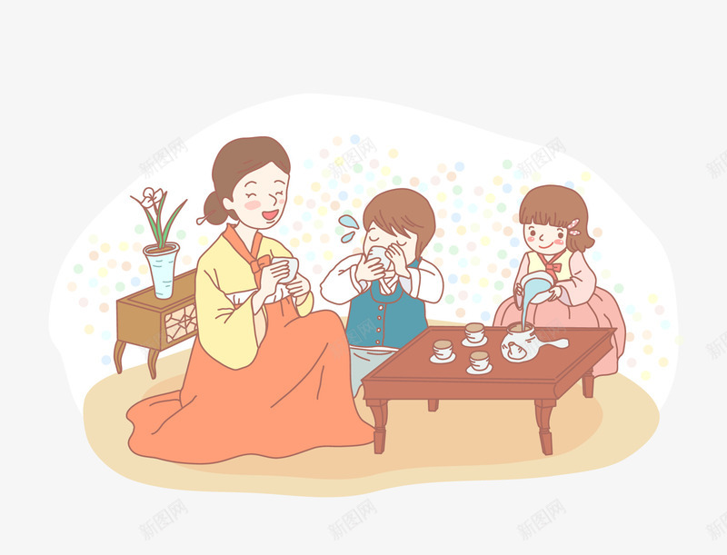 朝鲜妈妈和孩子手绘图png免抠素材_新图网 https://ixintu.com 人物 倒茶 喝茶 女孩 妈妈 孩子 朝鲜族 男孩