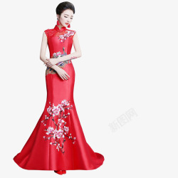 冬季长袖红色裙子中国改良旗袍高清图片