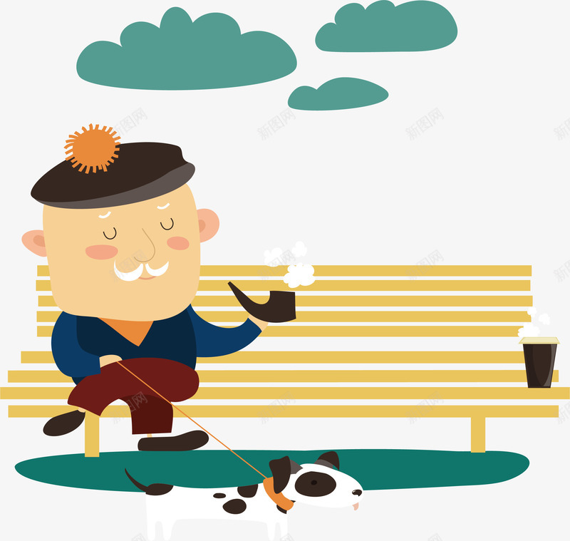 坐在椅子上的老人png免抠素材_新图网 https://ixintu.com 卡通手绘 吸烟 宠物 小狗 椅子 绿色 老人 遛狗