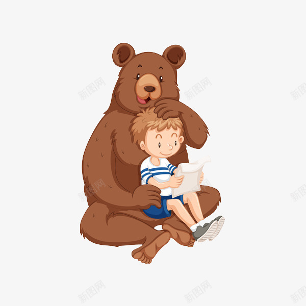 小熊和男孩png免抠素材_新图网 https://ixintu.com 书本 卡通 小熊 手绘 棕色 男孩 白色 短袖 蓝色