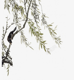 喜鹊柳树素材水墨国画柳树叶喜鹊高清图片