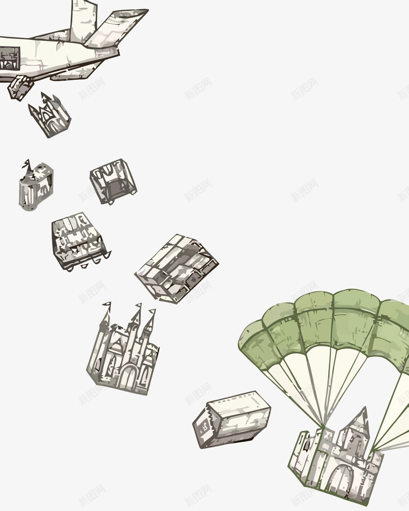 飞机png免抠素材_新图网 https://ixintu.com 卡通 城堡 手绘 水彩 物资 绿 降落伞矢量 飞机