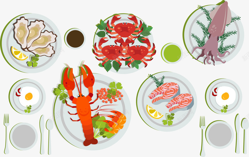 海鲜食物png免抠素材_新图网 https://ixintu.com 螃蟹 餐具 餐盘 饺子 龙虾