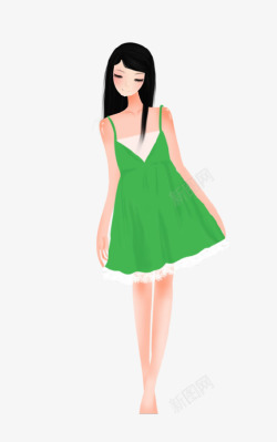 穿着裙子的美女绿色裙子少女插画高清图片