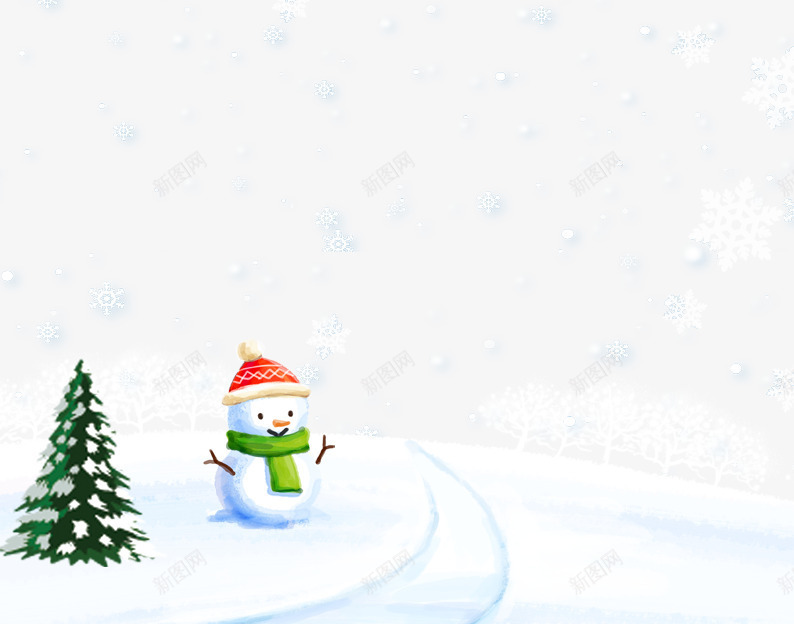 雪地上的雪人png免抠素材_新图网 https://ixintu.com 下雪 冬天 冬季 树 白色 绿色 雪 雪人 雪地 雪花