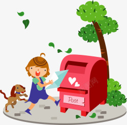 红色信箱寄信件的卡通女孩高清图片