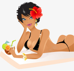 戴红花的美女卡通手绘戴红花喝饮料性感美女矢量图高清图片