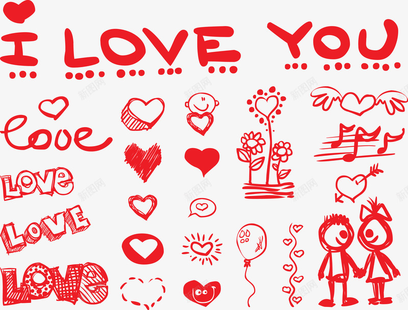 Love字体爱的各种元素矢量图eps免抠素材_新图网 https://ixintu.com love love字体 红色 矢量图