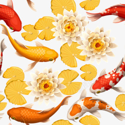 日式装饰画黄色唯美鲤鱼睡莲装饰插画库矢量图高清图片