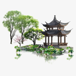 六角亭中国风绿色园林场景高清图片