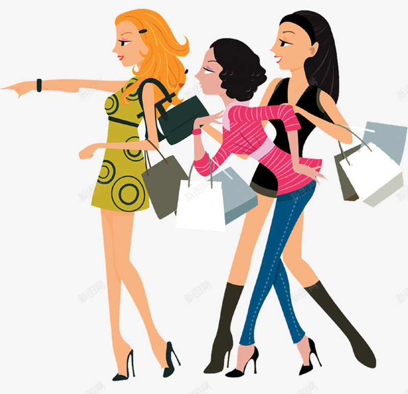 女人购物png免抠素材_新图网 https://ixintu.com 卡通人物设计 商业海报设计 女人 女人天堂 女人购物 广告设计 彩色漫画 时尚女孩 血拼 购物 购物主题 购物袋 逛街