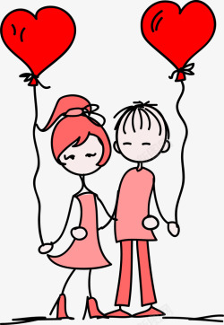 手绘情侣小人红色爱心气球素材