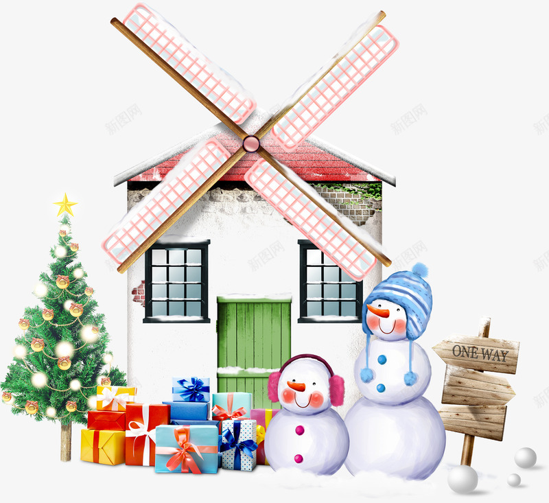 卡通圣诞房子png免抠素材_新图网 https://ixintu.com 卡通 圣诞树 圣诞节 雪人