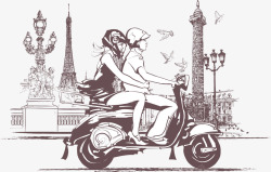 欧州骑摩托车的情侣线稿高清图片