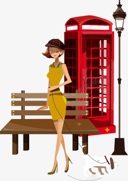 红色路灯电话亭边上的时尚女孩矢量图高清图片