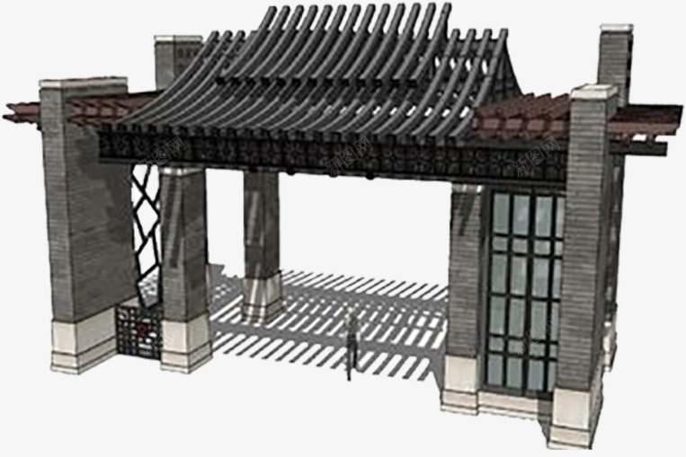 新中式大门png免抠素材_新图网 https://ixintu.com 3D模型 中国风 中式大门 古典 大门 建筑设计 现代 镂空