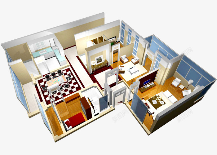 户型效果图png免抠素材_新图网 https://ixintu.com 3D效果 三居室 户型图 房地产 立体