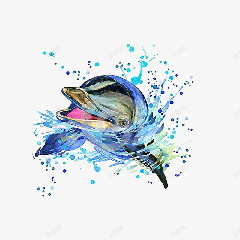 水里的海豚png免抠素材_新图网 https://ixintu.com 动物 水彩海豚 水滴 海水 海豚 蓝色海豚