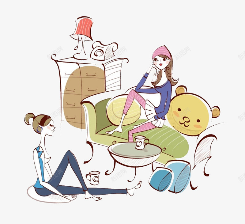 聊天的女孩png免抠素材_新图网 https://ixintu.com 卡通 地毯 女孩 小熊 手绘 沙发 简图 聊天