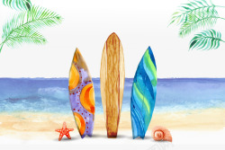 手绘风格三块滑板插在沙滩上矢量图素材