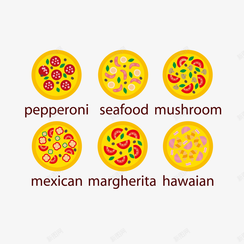 多种口味意大利披萨矢量图ai免抠素材_新图网 https://ixintu.com 卡通 圆形披萨 夏威夷口味披萨 彩色 意大利披萨 意大利菜 披萨 海鲜披萨 蘑菇披萨 矢量图