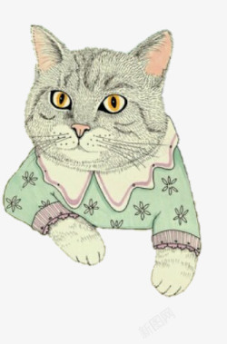 文艺小猫卡通手护穿绿色毛衣的猫咪高清图片