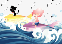 海浪女孩与小猫素材