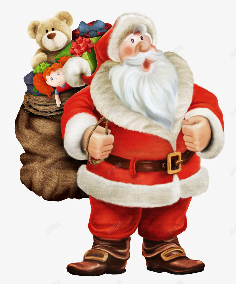 满载礼物的圣诞老人png免抠素材_新图网 https://ixintu.com 圣诞老人 小熊 彩带 玩偶 背包袱的圣诞老人 麻袋