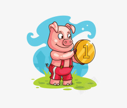 拿着金币的粉色卡通小猪素材