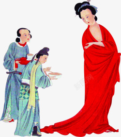 中秋节手绘红衣美女男子素材