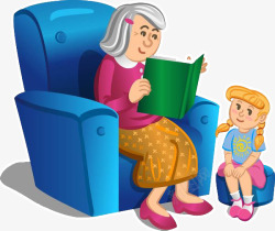 奶奶坐在沙发讲故事给女孩听素材