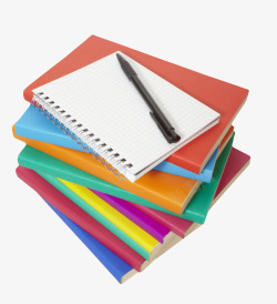 彩绘笔记本与笔厚实放着笔记和笔堆起来的书实物高清图片