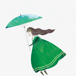 水彩绿色少女雨中水彩绿色少女雨中拿着伞插图高清图片