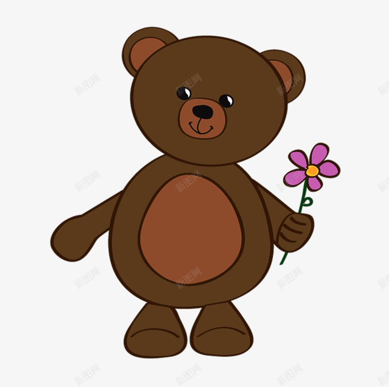 卡通手绘小熊png免抠素材_新图网 https://ixintu.com 平面 棕色 简笔画 线条勾勒 花朵