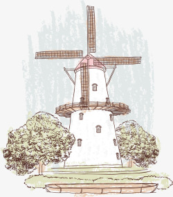 手绘风美丽荷兰风车矢量图素材