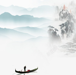 中国风划船的人水墨中国风山岚云雾划船高清图片