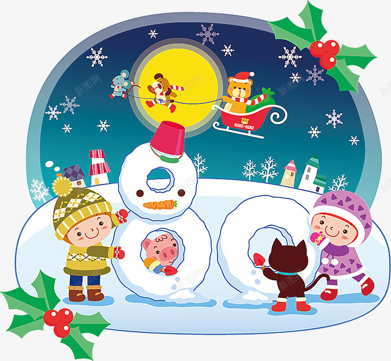 圣诞节堆雪人的小孩png免抠素材_新图网 https://ixintu.com 儿童 圣诞老人 圣诞节 堆雪人 送礼物 雪人 雪橇